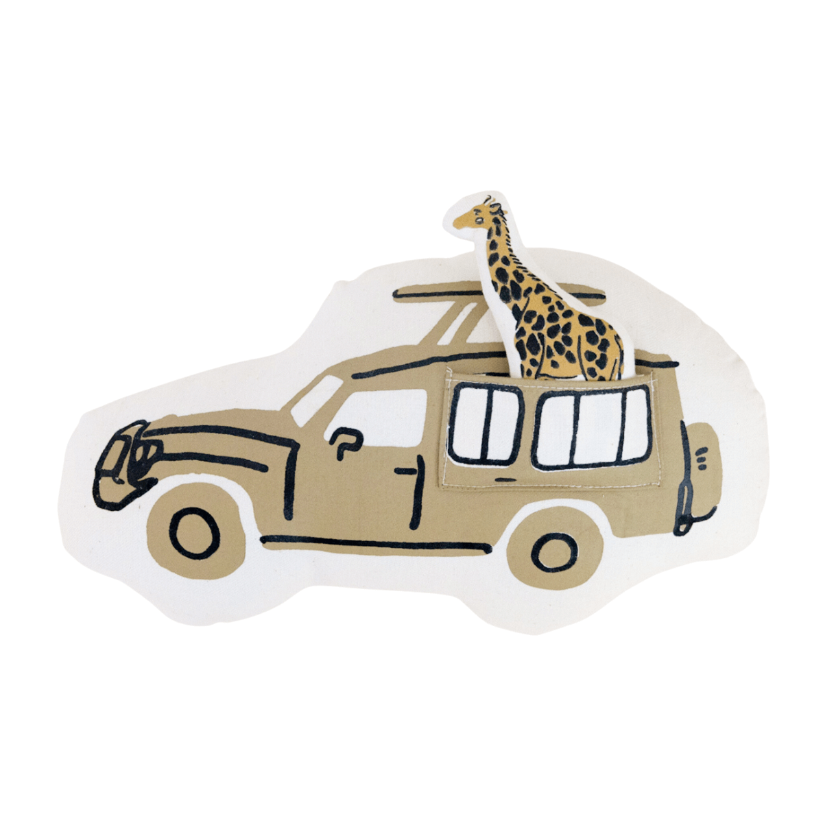 Safari pillow with plush giraffe toy