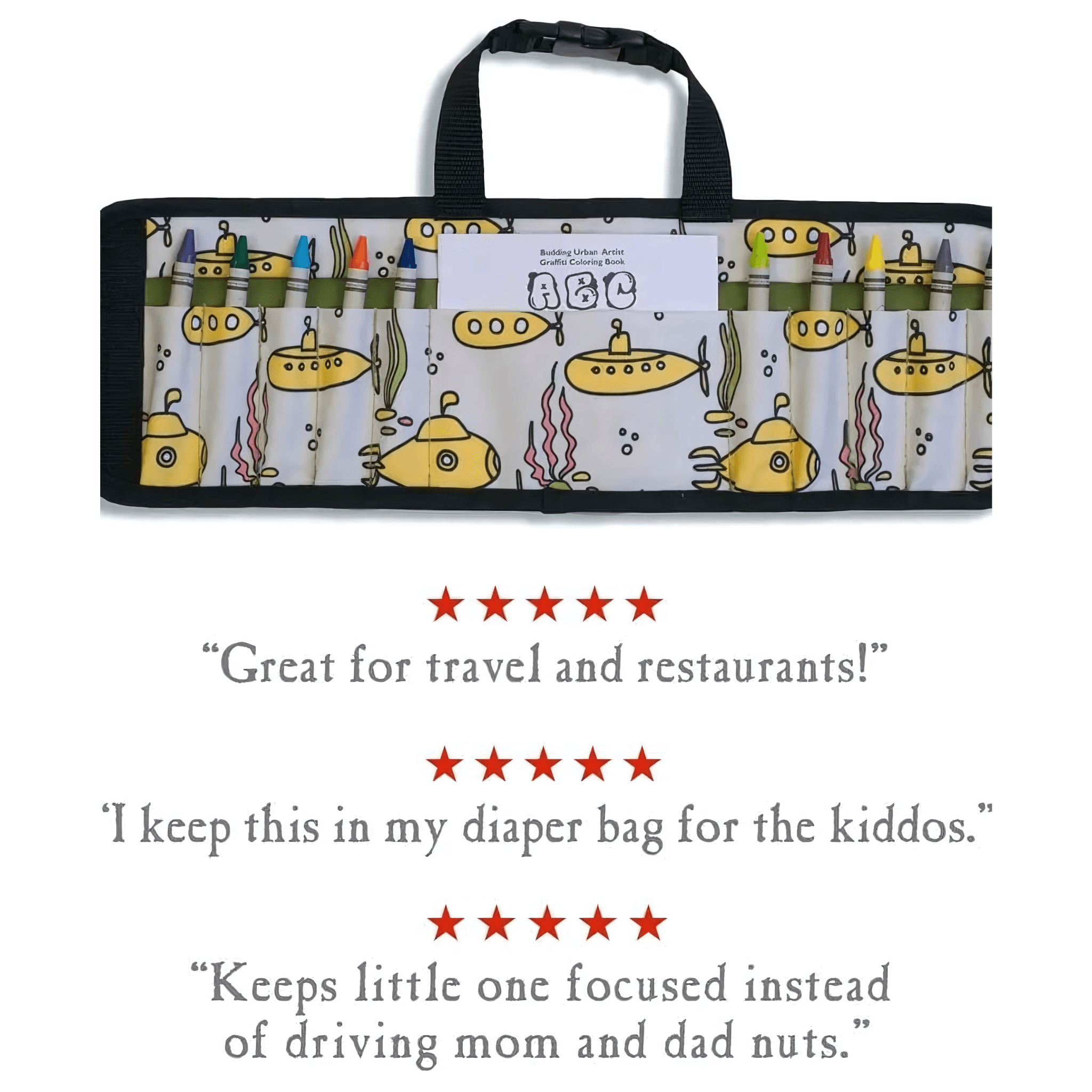 Yellow Submarine Crayon Wallet with crayons and a coloring pad, a compact toy for travel