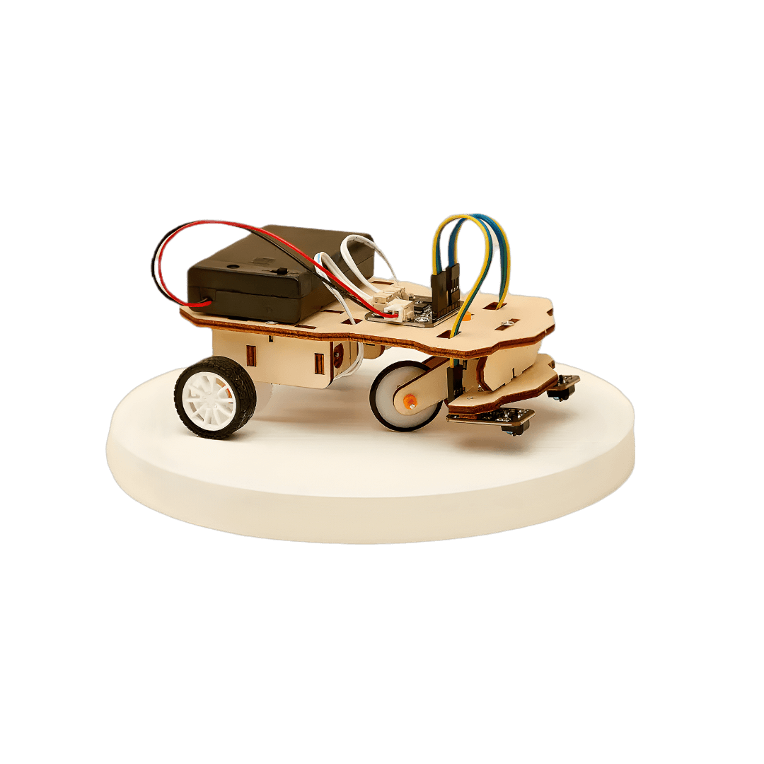Small wooden DIY robot car with wheels on a white platform against a black background