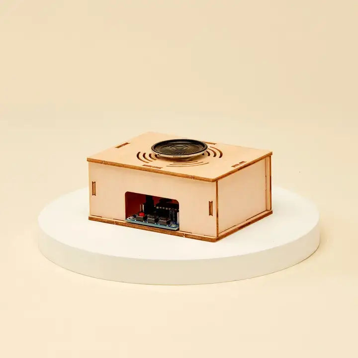 Wooden DIY audio recorder electronic device on a white platform with a beige background