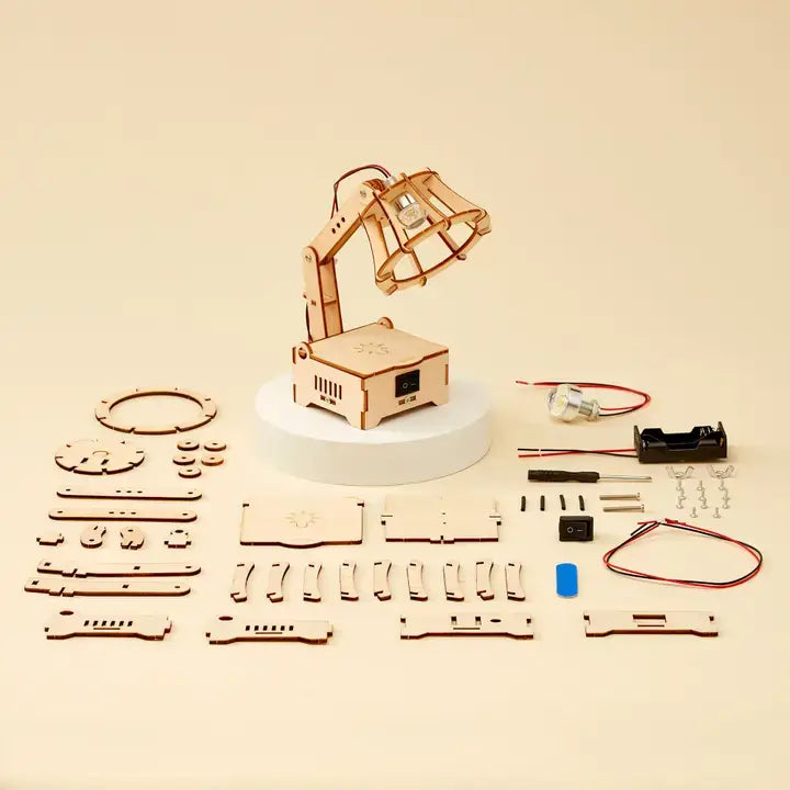 Wooden DIY lamp kit with components on a beige background