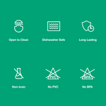 Set of icons indicating product features on a green background - biggest little