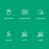 Set of icons indicating product features on a green background - biggest little
