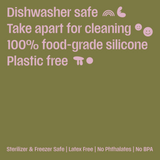 Text on a green background about dishwasher-safe, food-grade silicone products with various benefits listed.