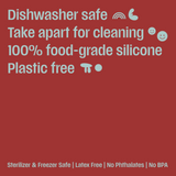 Red background with white text listing features of a product, including 'dishwasher safe', '100% food-grade silicone', and 'plastic free'. For Biggest Little