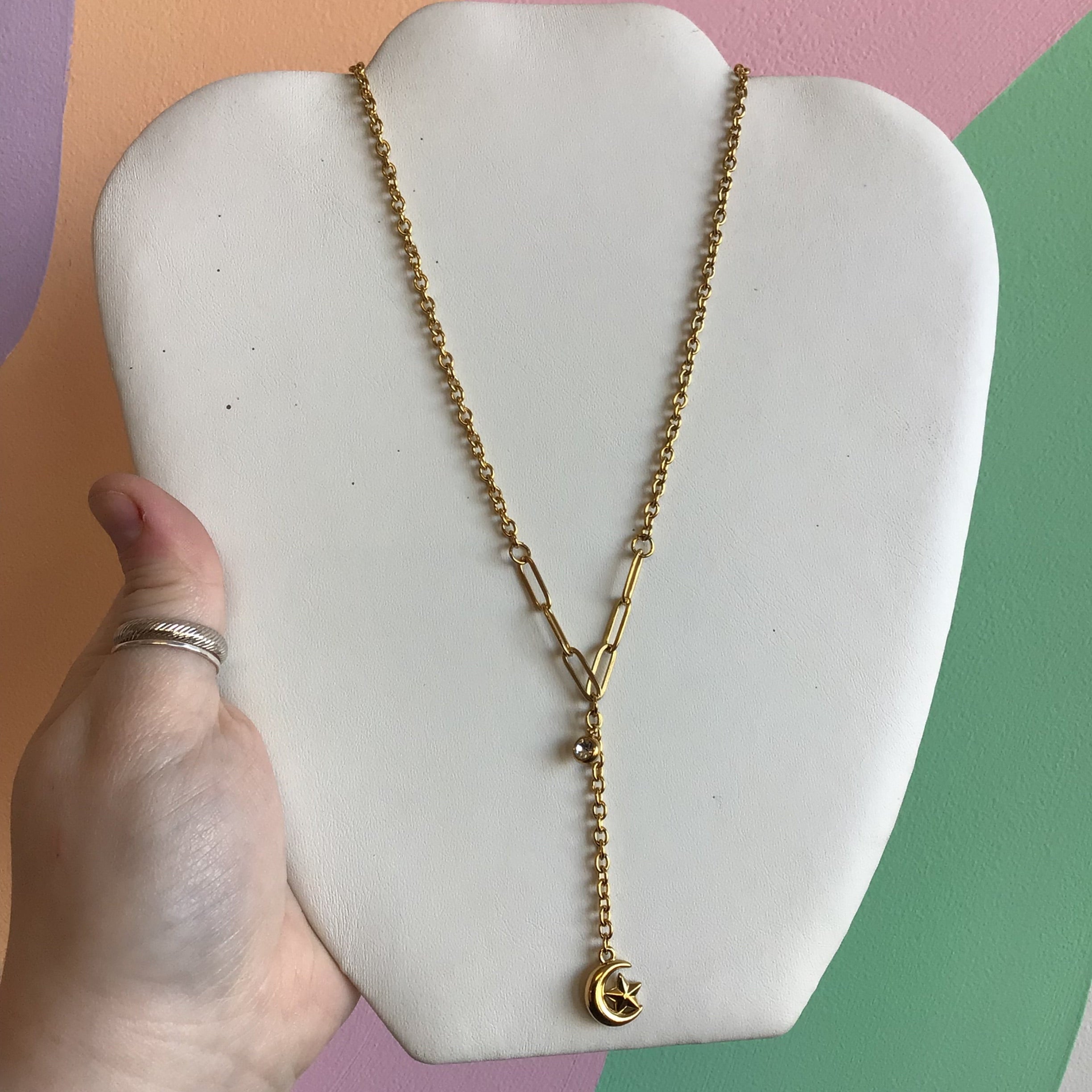 Layered Paperclip Drop Chain Titanium Necklace