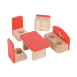 Wooden toy kitchen set with red and beige furniture on a white background