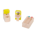 Set of wooden toy bathroom fixtures including a toilet, sink, and bathtub on a white background.