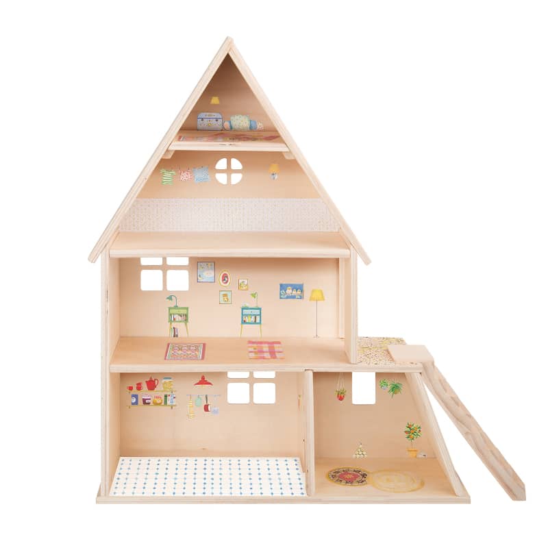 Wooden dollhouse with detailed interior on a white background