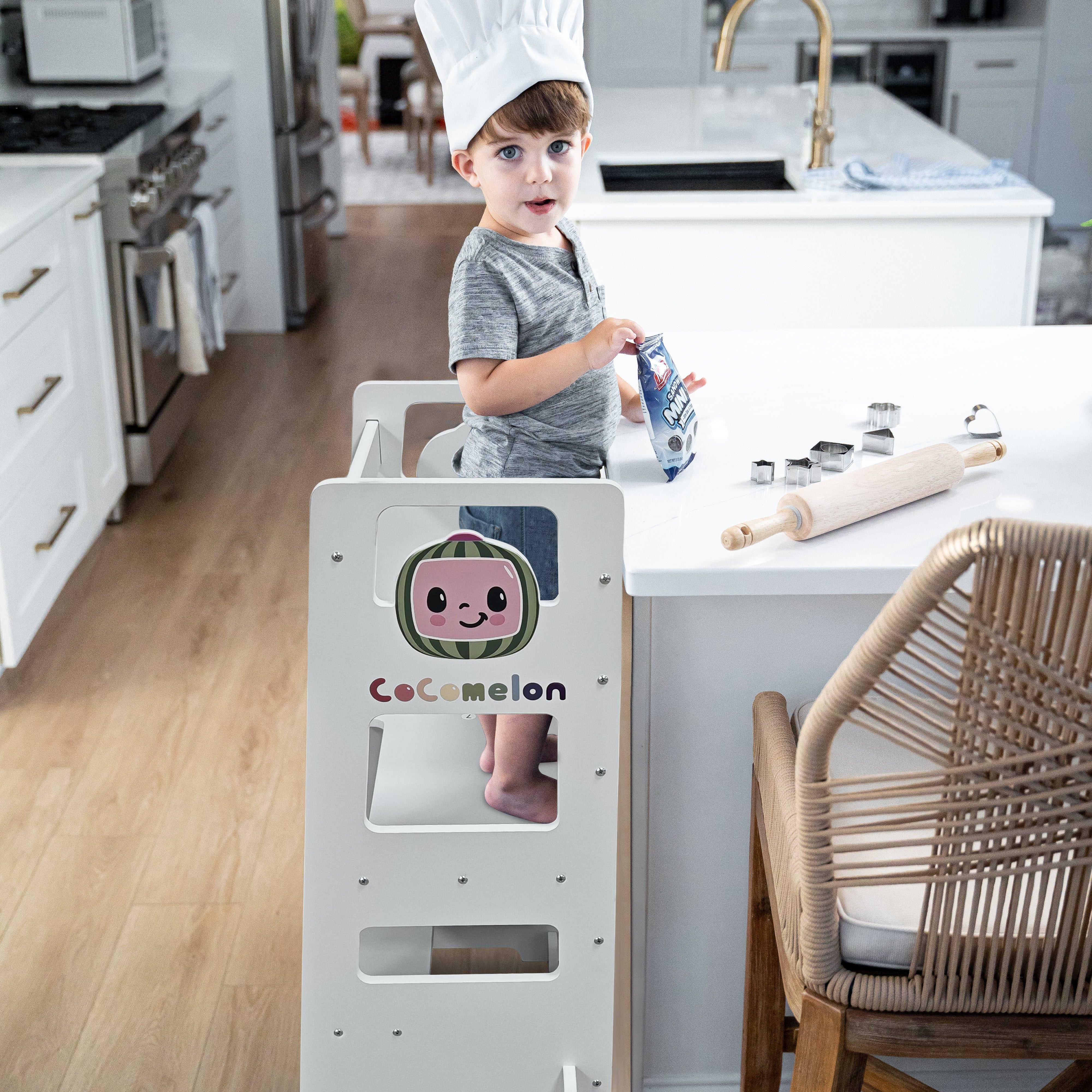 Date CocoMelon 3-in-1 Kitchen Tower for Kids – Step Stool & Chalkboard Learning Helper