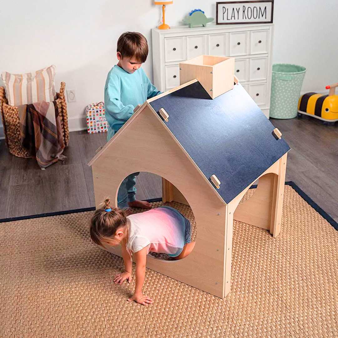 Wooden indoor childrens playhouse with chalkboard